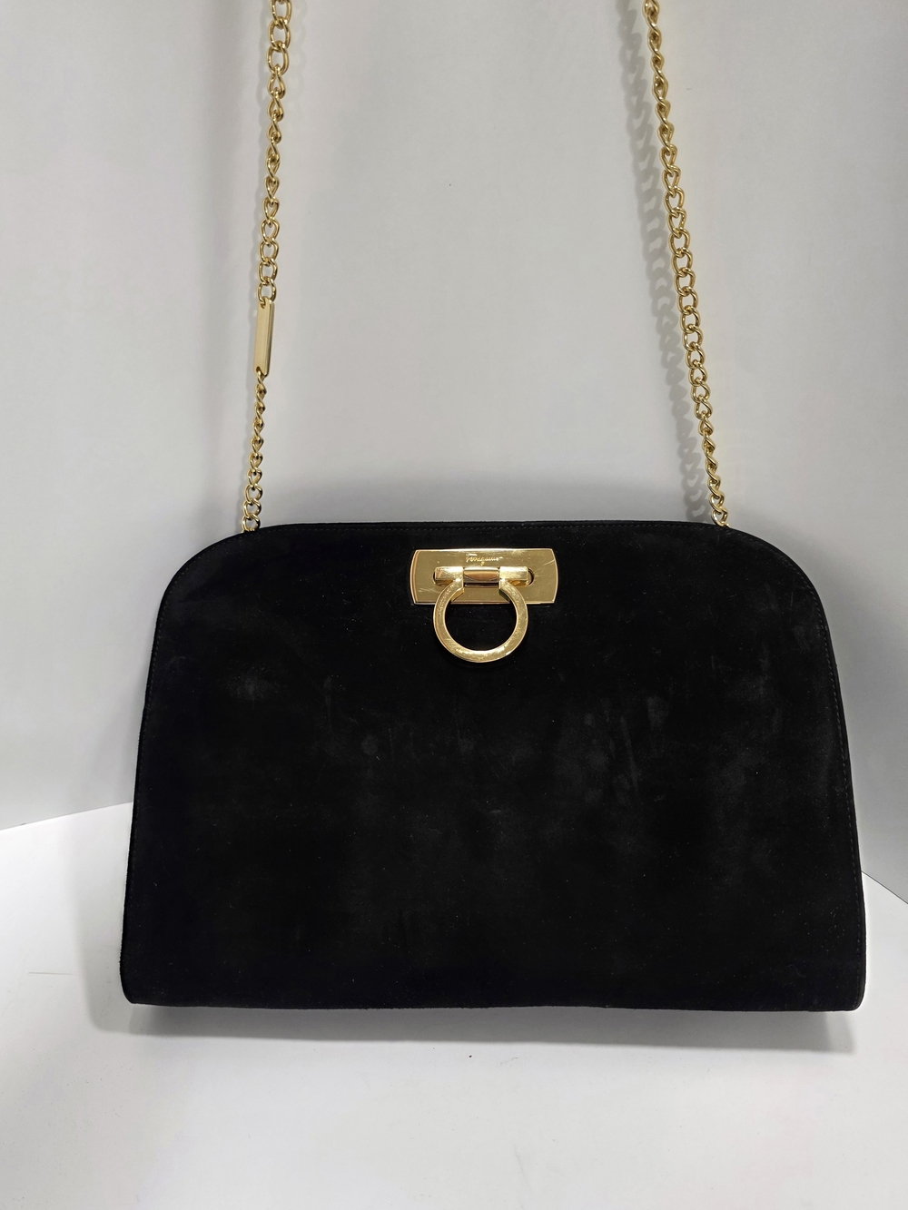 Salvatore Ferragamo Black Suede Shoulder/Clutch Bag with Gold Hardware